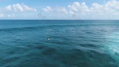 空中无人机拍摄清晰的海海洋蓝色的水低的态度拍摄冲浪者捕捉波生活方式活动